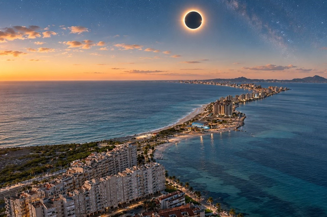 Fotomontaje. Eclipse solar sobre La Manga