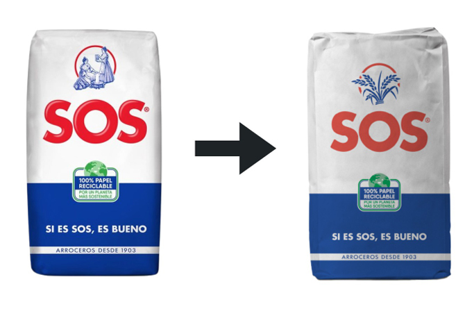 Paquetes de arroz SOS, antes y en la actualidad