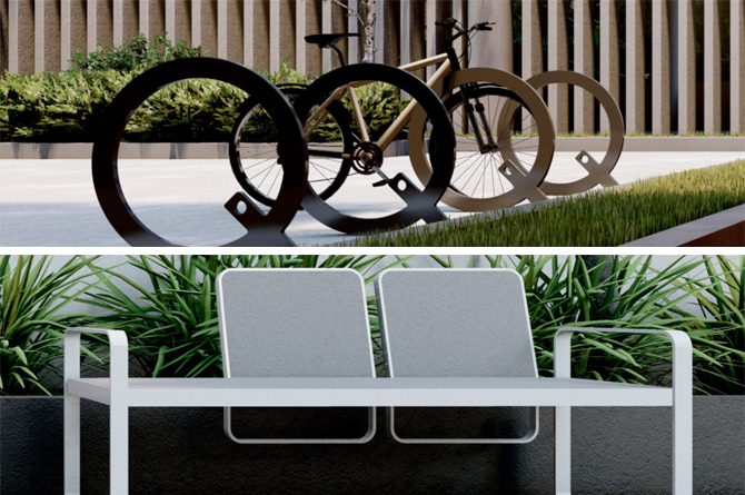 Aparcabicis Q (arriba) y banco Window